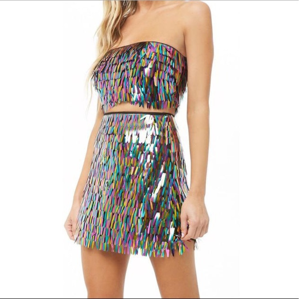 NWT Multicolor Fringe Sparkle Tube Top/Skirt Set